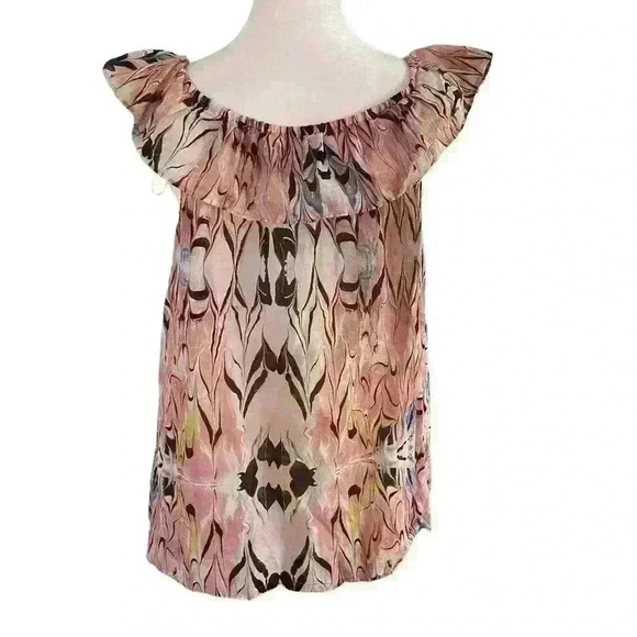 J Crew Women’s Blouse Size M Pink Black Cotton Silk Ruffle Neckline Flowy Boho - Picture 10 of 10
